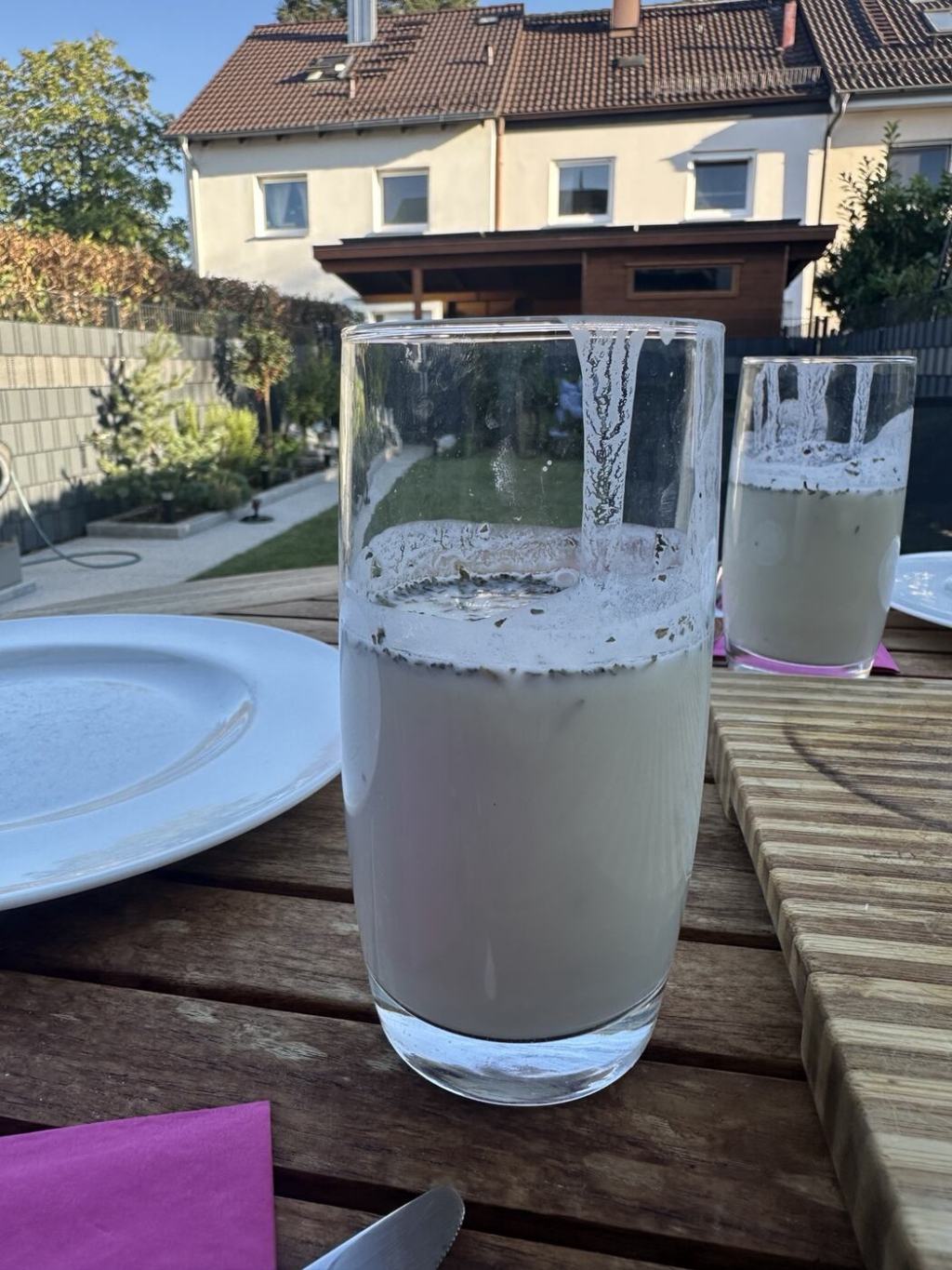 A glass of homemade yoghurt drink with dried mint.